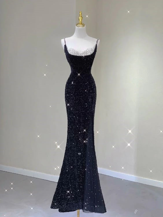 Sexy Mermaid Spaghetti Straps Black Sequin Long Prom Dresses Evening Dress With Slit C2807