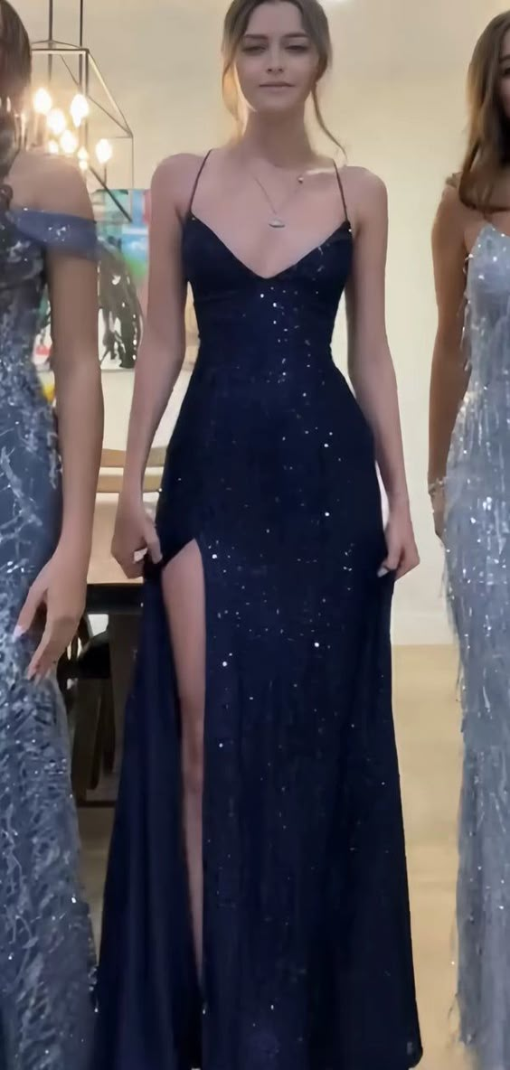 Pretty Sheath Spaghetti Straps Slit Navy Blue Sequin Prom Dresses Evening Dress C2809