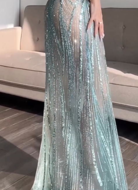 Pretty Mermaid Spaghetti Straps Sequin Green Long Prom Dresses Evening Dress C2816