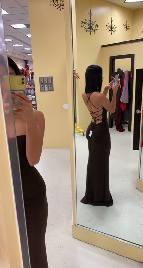 Pretty Mermaid Spaghetti Straps Backless Brown Long Prom Dresses Evening Dress C2823