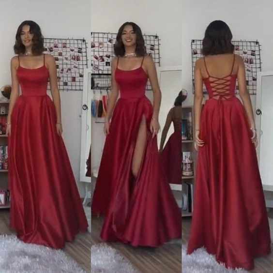 Robe de soirée longue en satin rouge à bretelles spaghetti et fente latérale C2831