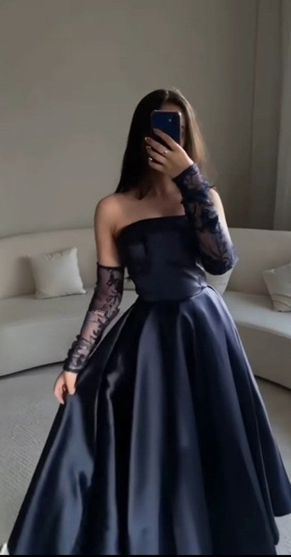 Modest Ball Gown Navy Blue Strapless With Long Sleeves Prom Dresses Long Evening Dress C2853