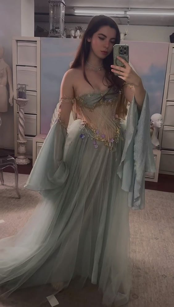 Princess Strapless Off The Shoulder Long Sleeves Dusty Green Floor Length Long Prom Dresses C2856