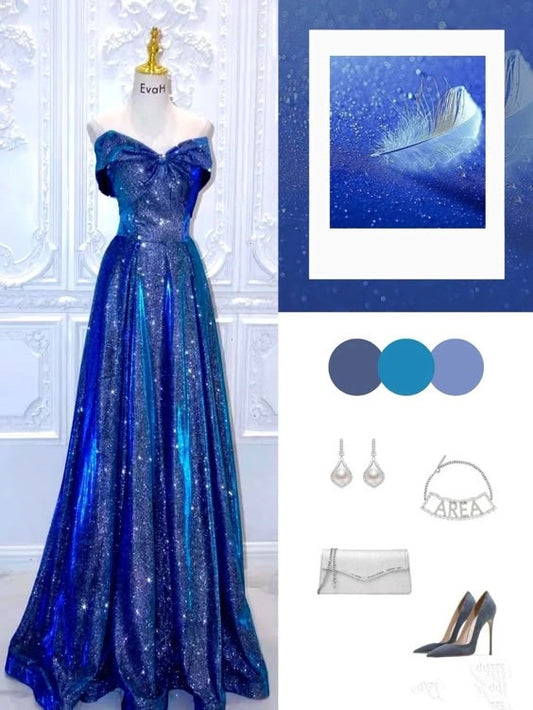 Pretty A line Off The Shoulder Long Royal Blue Sequin Floor Length Prom Dresses C2859