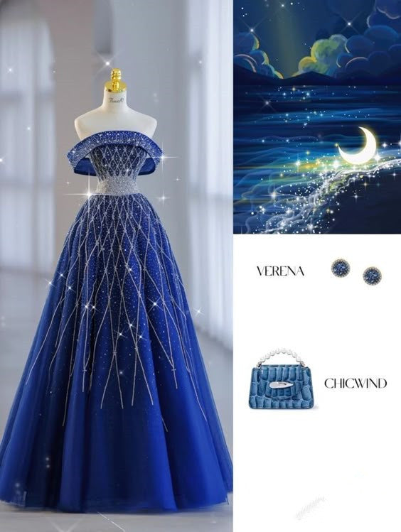 Robe de bal longue en tulle bleu royal à épaules dénudées et longueur au sol C2860