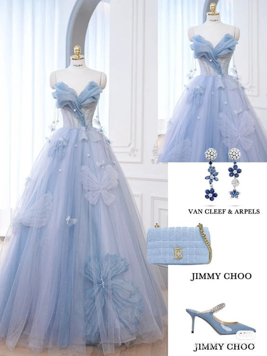 Pretty Ball Gown Sweetheart Tulle Long Blue Floor Length Prom Dresses C2862