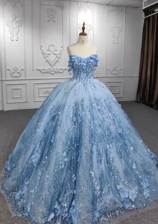 Pretty Ball Gown Sweetheart Tulle Long Blue Floor Length Prom Dresses Blue Sweet 16 Dresses C2867