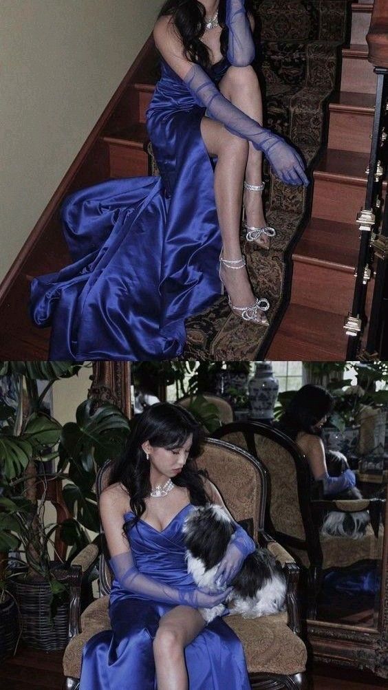 Elegant Sheath Sweetheart Sleeveless Blue Satin Slit Prom Dresses Long Evening Dress C2879