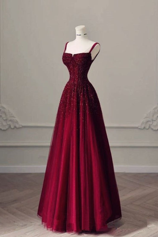 Robe de soirée longue élégante à bretelles spaghetti bordeaux à paillettes avec gants C2881