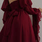 Elegant A Line Square Neckline Burgundy Chiffon Prom Dresses Long Sleeves Evening Dress C2884