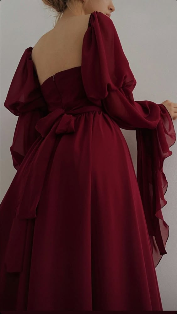 Elegant A Line Square Neckline Burgundy Chiffon Prom Dresses Long Sleeves Evening Dress C2884