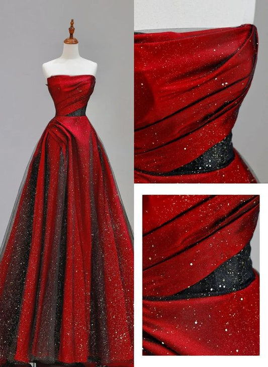 Robe de soirée longue en satin rouge sans bretelles avec une ligne A élégante et une robe de soirée longue en tulle noir C2889