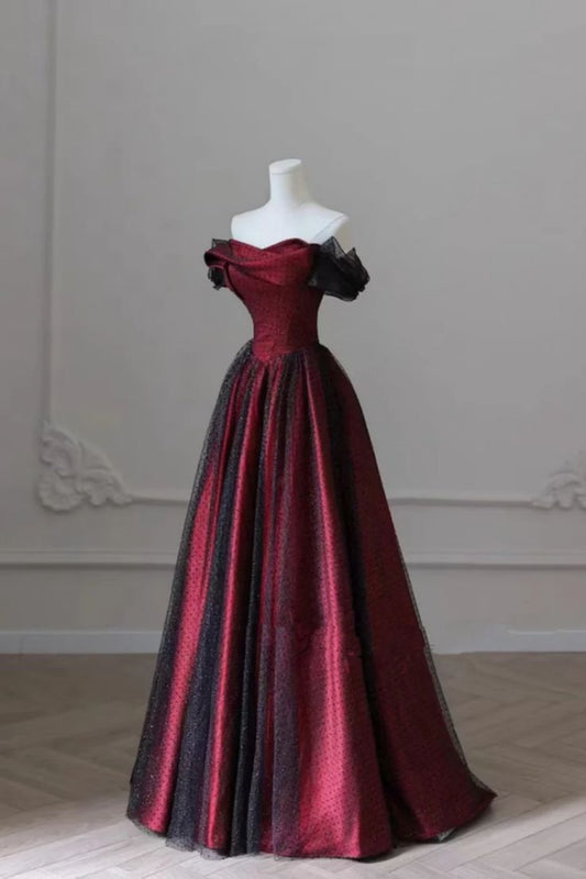 Robe de soirée élégante en tulle bordeaux à épaules dénudées avec volants et longue robe de soirée C2893