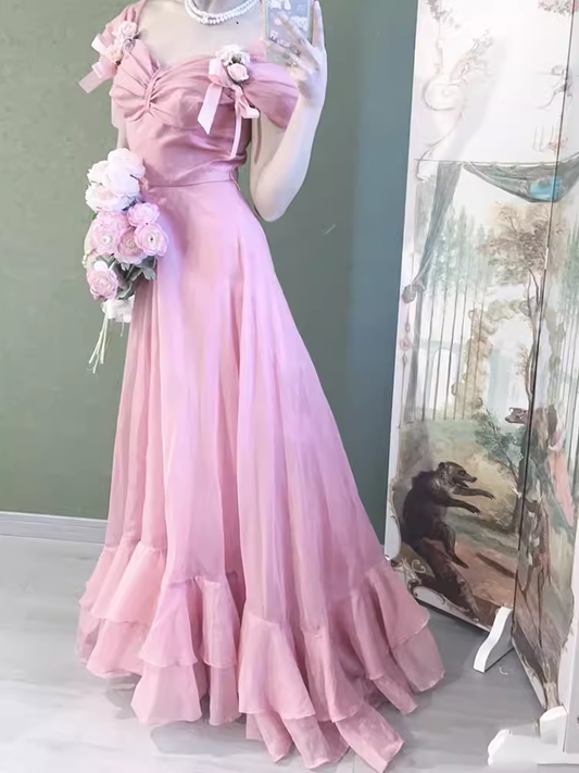 Vintage A line Pink Long Prom Dresses C28