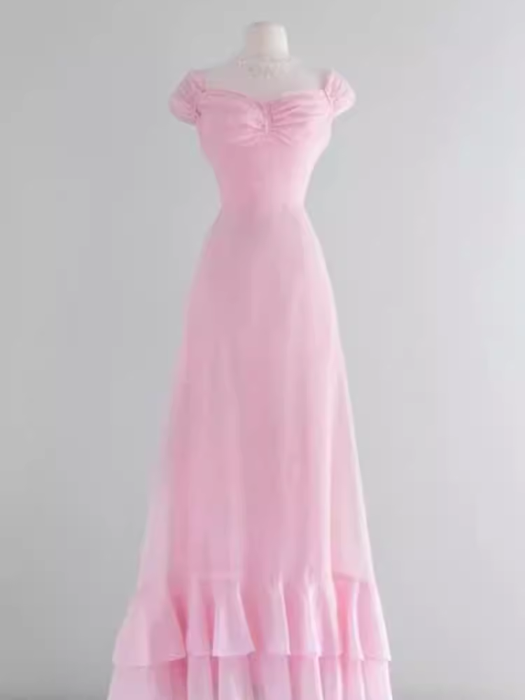 Vintage une ligne rose longues robes de bal C28