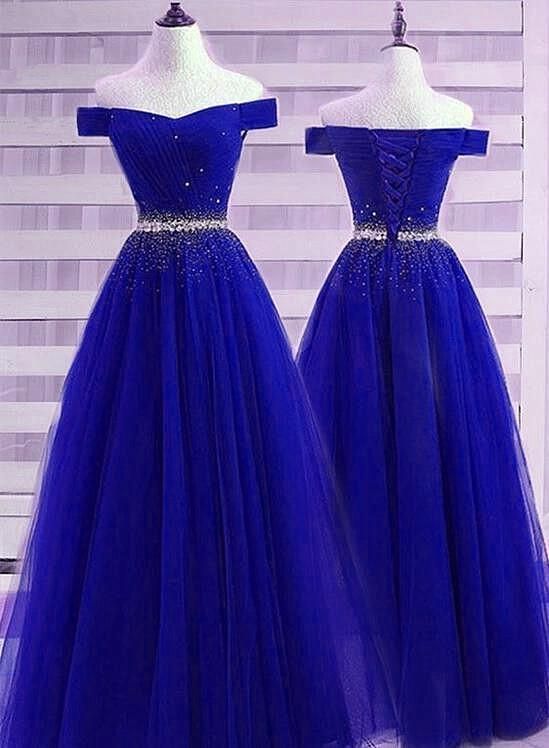 Robe de soirée longue en tulle bleu royal à épaules dénudées et jolie ligne A avec perles C2902