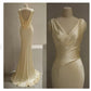 Pretty Mermaid V Neckline Yellow Satin Prom Dresses With Ruffle Long Evening Dress C2910