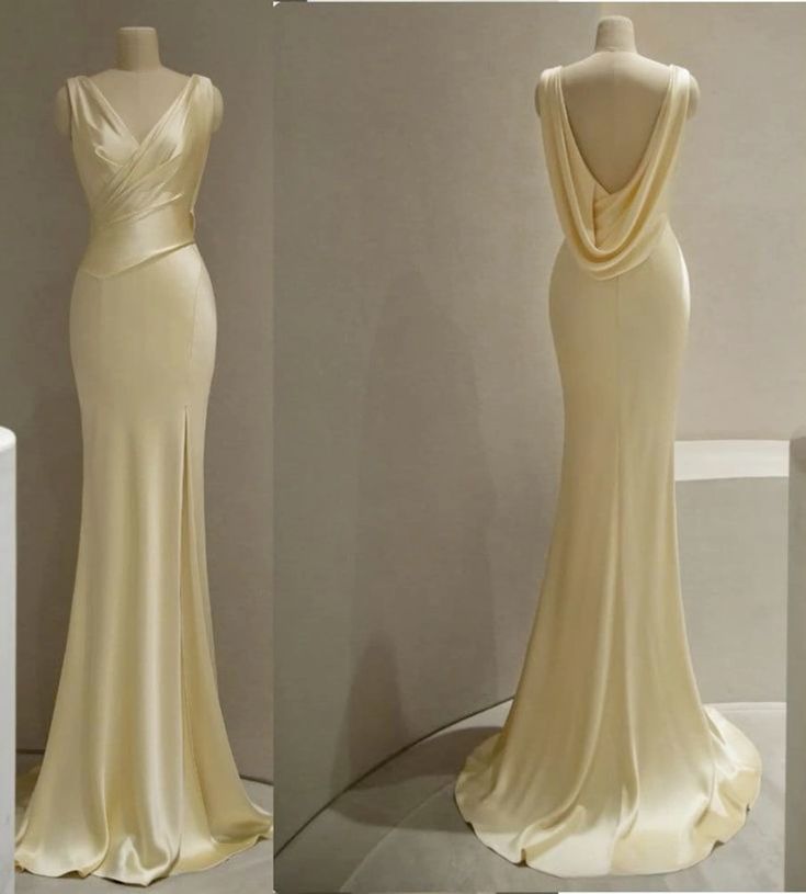 Robe de soirée longue en satin jaune à décolleté en V et à volants C2910