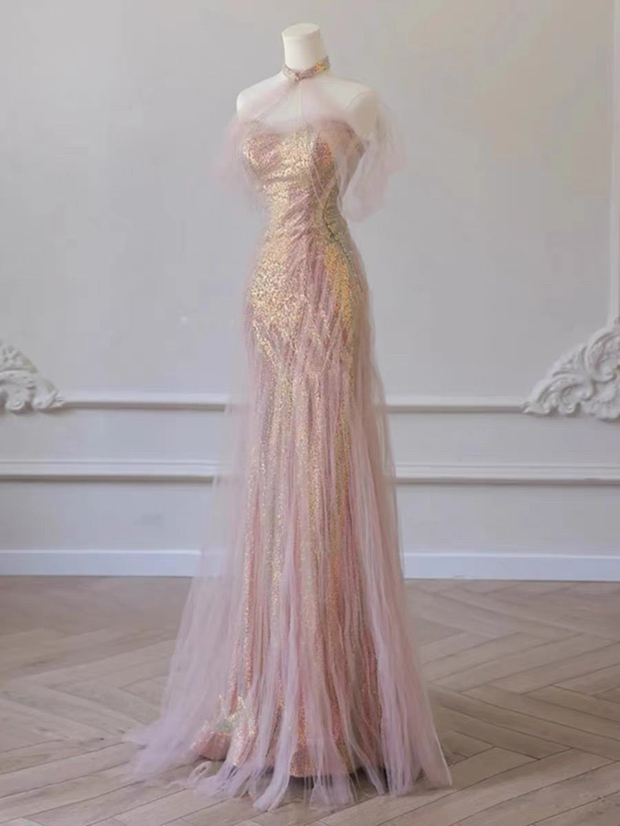 Robe de soirée longue à volants et à sequins rose avec jolie sirène et décolleté en cœur C2911