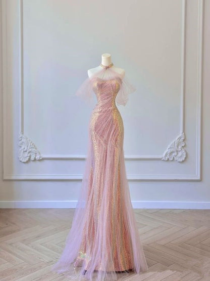 Robe de soirée longue à volants et à sequins rose avec jolie sirène et décolleté en cœur C2911