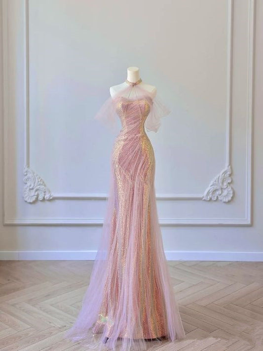 Robe de soirée longue à volants et à sequins rose avec jolie sirène et décolleté en cœur C2911