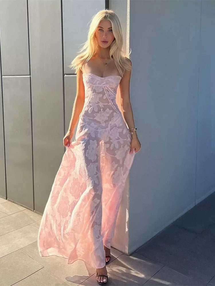 Robe de soirée longue en dentelle rose clair à bretelles spaghetti et jolie sirène C2926