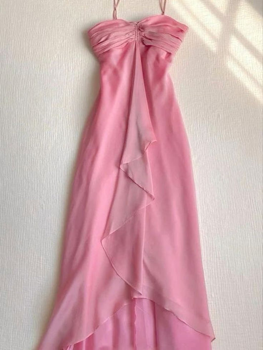 Robe de soirée longue en mousseline de soie rose à col licou et jolie ligne A sans manches C2928