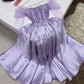 Robe de bal longue en satin lilas à manches longues bouffantes et sans bretelles avec perles C2954