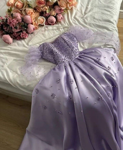 Pretty Ball Gown Strapless Long Puffy Sleeves Lilac Satin Pearls Prom Dresses Long Evening Dress C2954