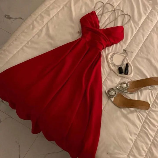 Robe de soirée rouge à bretelles spaghetti pour 20e anniversaire, longueur genou, C2965