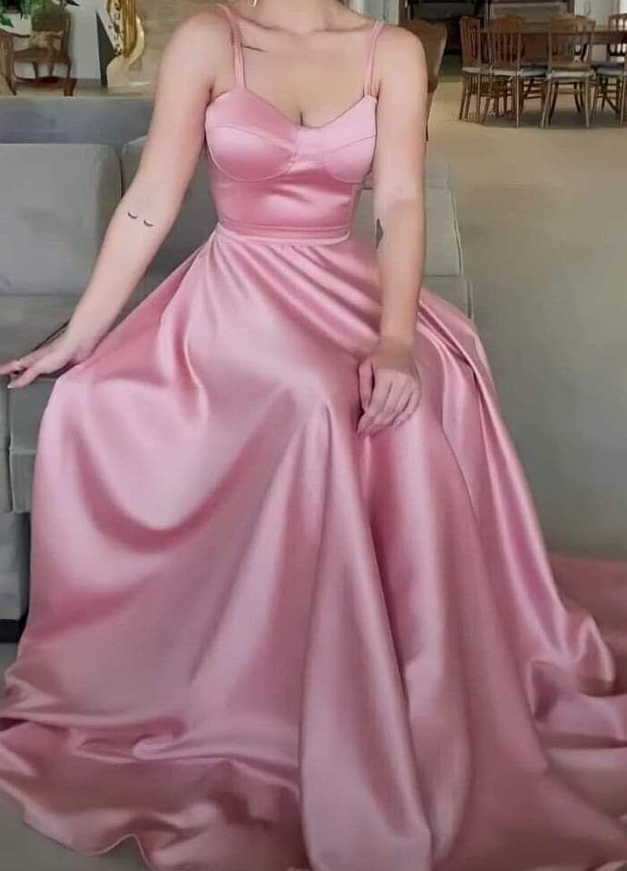 Robe de soirée longue en satin rose à bretelles spaghetti et ligne A simple sans manches C2966