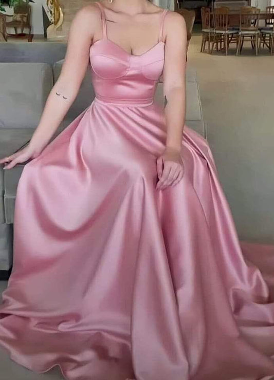 Robe de soirée longue en satin rose à bretelles spaghetti et ligne A simple sans manches C2966