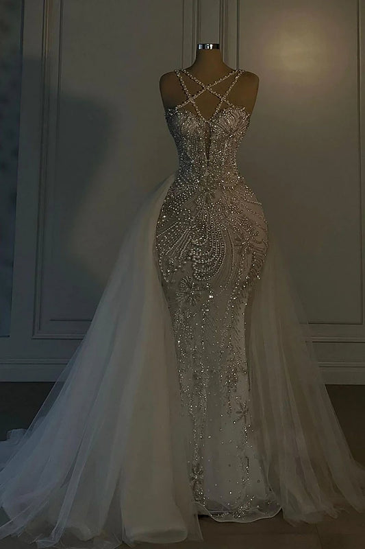 Robe de mariée romantique longue sirène col en V bretelles spaghetti avec baguettes C297