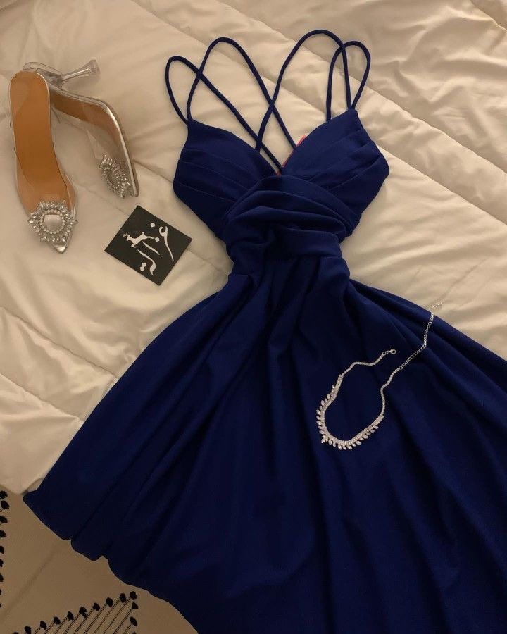 Robe de soirée bleu royal à bretelles spaghetti pour 18e anniversaire, longueur genou, C2970