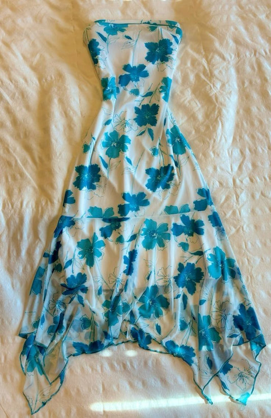 Superbe robe de soirée longue à fleurs bleue sans bretelles en forme de A C2986