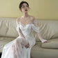 Romantic A line Scoop Neckline Lace Long Wedding Dresses C298