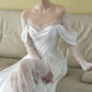 Romantic A line Scoop Neckline Lace Long Wedding Dresses C298