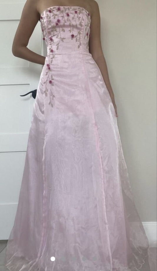 Superbe robe de bal rose sans bretelles avec perles, longue robe de soirée C2995