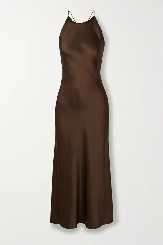 Robe de soirée simple à bretelles spaghetti en satin de soie marron C2998