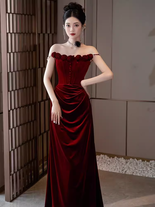 Vintage Mermaid Burgundy Velvet Long Prom Dresses C29