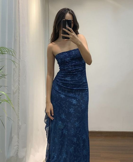 Robe de soirée longue élégante sans bretelles bleu marine C3020