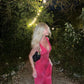 Elegant Sheath V Neckline Hot Pink Floral Lace Long Prom Dresses Evening Gowns C3026