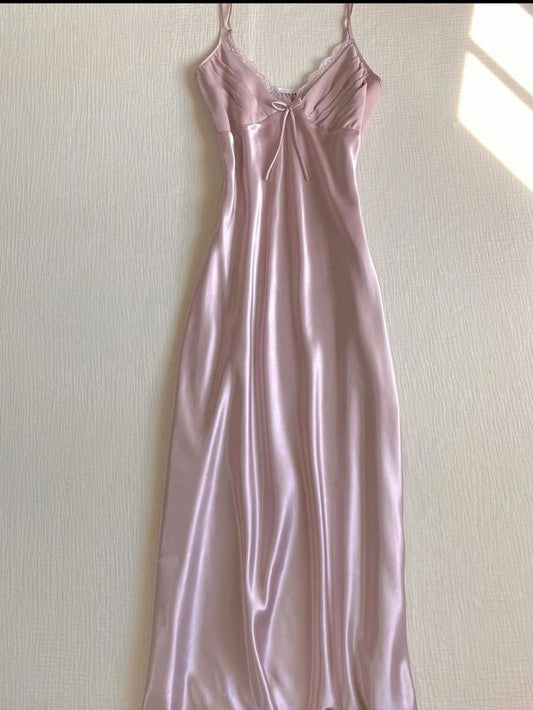 Robe de soirée vintage à bretelles spaghetti en ligne A rose des années 90 avec nœud C3031