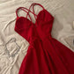 Superbe robe de soirée rouge à bretelles spaghetti et ligne A, longueur genou, robe d'invitée de mariage, C3043