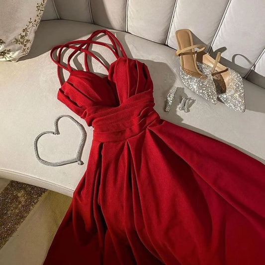 Gorgeous A Line Spaghetti Straps Red Knee Length Prom Dresses Wedding Guest Dress C3046