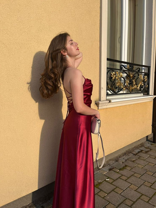 Modest A Line Spaghetti Straps Backless Burgundy Satin Long Prom Dresses Evening Dress C3054