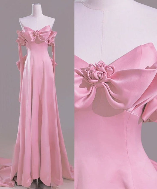 Modest A Line Off The Shoulder Pink Satin Long Prom Dresses Evening Dress C3059