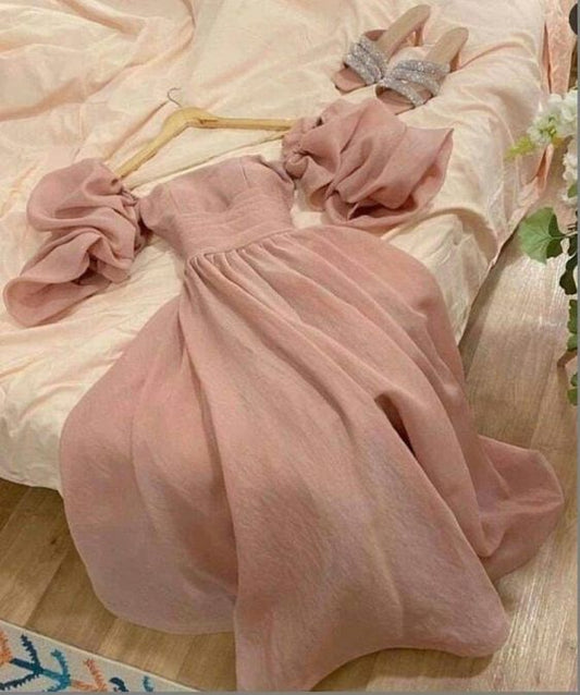 Modest A Line Off The Shoulder Pink Organza Long Prom Dresses Evening Dress C3060