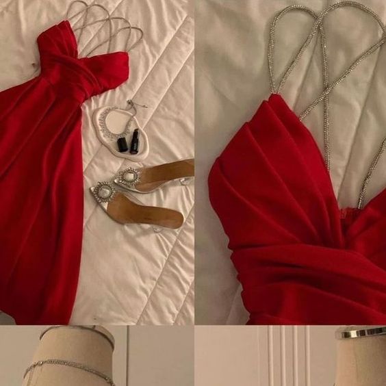 Robe de soirée rouge modeste à bretelles spaghetti et ligne A C3072