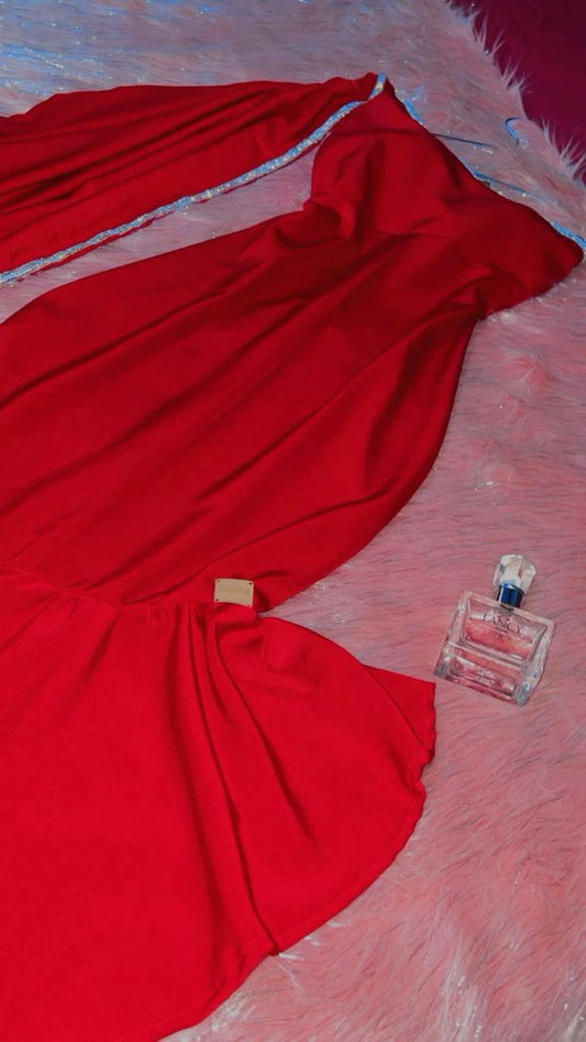 Robe de soirée sirène vintage à une épaule et manches longues rouge C3063